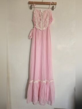Vintage 70s Candi Jones Pink Prairie Maxi Dress XS – Boho Cottagecore Lace Dress